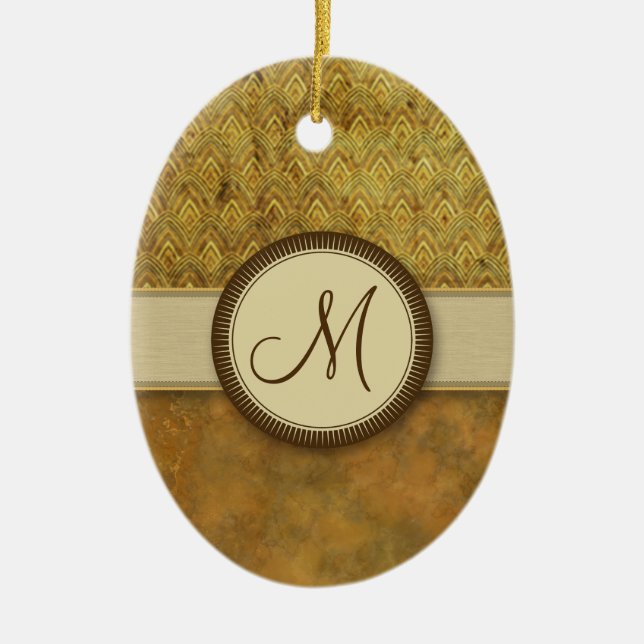 Bronze Feather Pattern with Monogram Ceramic Ornament (Front)