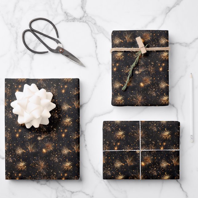 Bronze Fireworks on Black Wrapping Paper Sheet (Front)