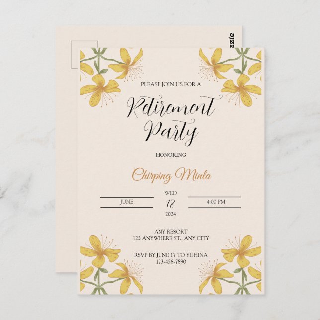 Bronze floral Retirement Invitational Postcard (Front/Back)