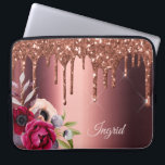 Bronze glitter drip copper metallic flowers name laptop sleeve<br><div class="desc">Faux bronze  glitter drip,  paint drip look on faux copper metallic looking background. Burgundy and rose gold coloured Flowers. Template for Your name.  The name in rose gold is written with a modern and trendy hand lettered style script.</div>