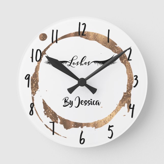 Bronze Glitter Gold Stain Modern Glam Lashes Salon Round Clock (Front)