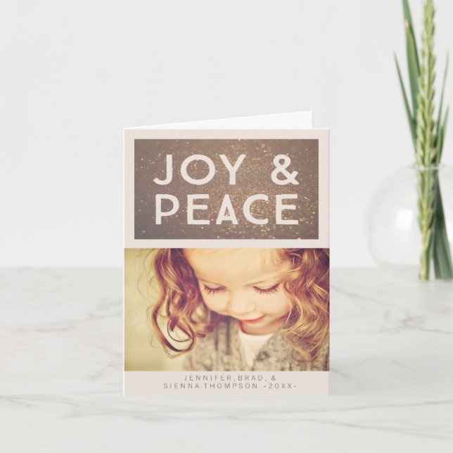 Bronze Glitter Joy & Peace Christmas Photo Holiday Card (Front)