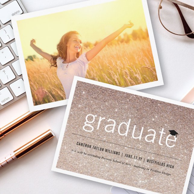Bronze Glitter Minimal Graduate Photo Graduation Announcement (Creator Uploaded)