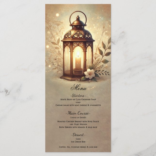 Bronze Glowing Lantern Romantic Rustic Menu (Front)