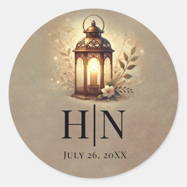 Bronze Glowing Lantern Romantic Rustic Wedding  Classic Round Sticker (Front)
