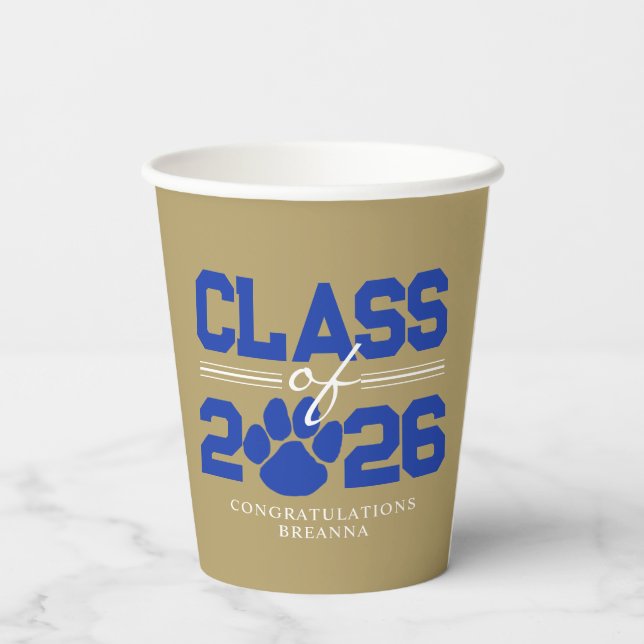 Bronze Gold & Blue Pawprint Class of Graduation Paper Cups (Back)