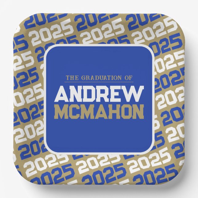 Bronze Gold & Blue Personalised Graduation Square Paper Plate (Front)