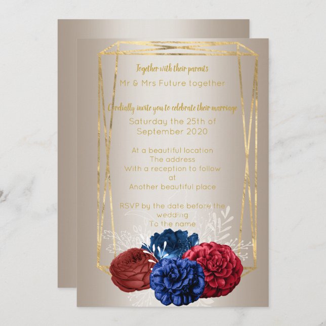 Bronze Gold Bouquet Elegant Red Blue Wedding Invitation (Front/Back)
