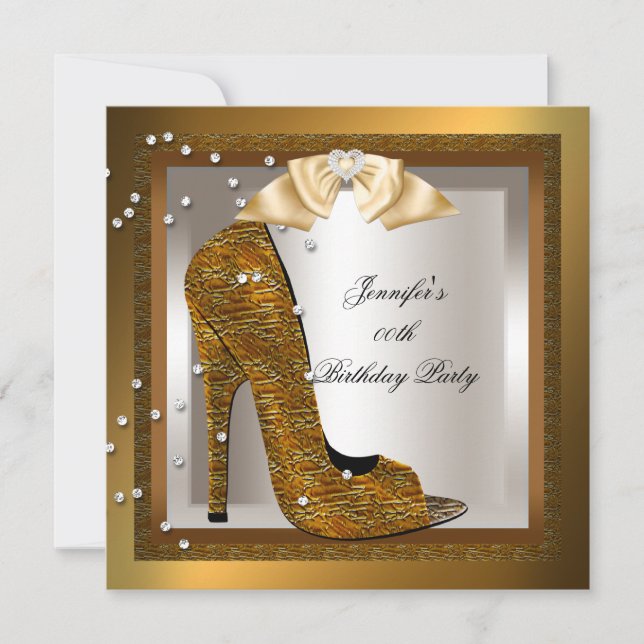 Bronze Gold Cream High Heel Shoe Birthday Party Invitation (Front)