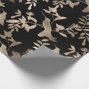 Bronze Gold Delicate Black Hummingbird Flowers Wrapping Paper