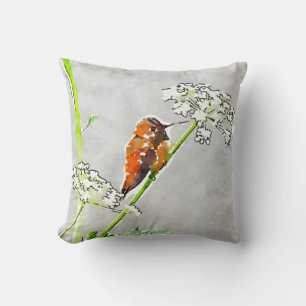 Bronze,gold green hummingbird & white flowers grey cushion