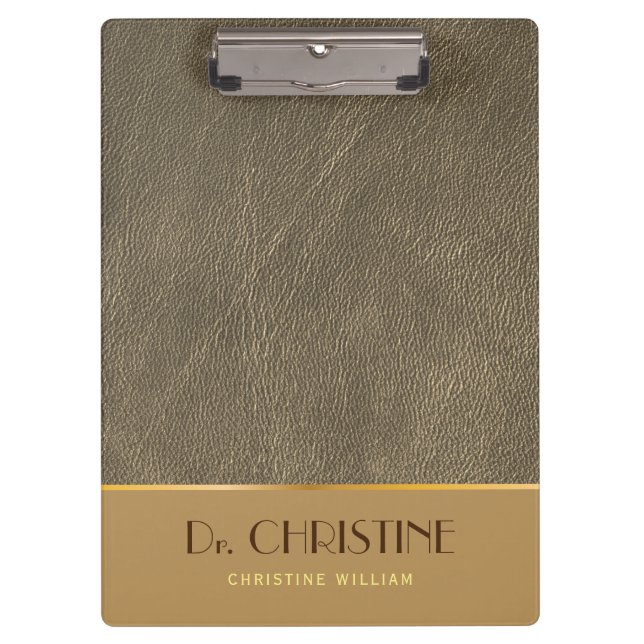 Bronze Gold Leather Brown Custom Name Elegant  Clipboard (Front)