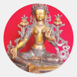 BRONZE GREEN TARA STATUE ANCIENT TIBET CLASSIC ROUND STICKER