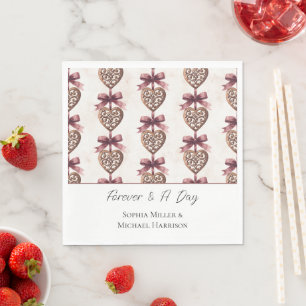 Bronze Hearts Red Bows Wedding Napkin