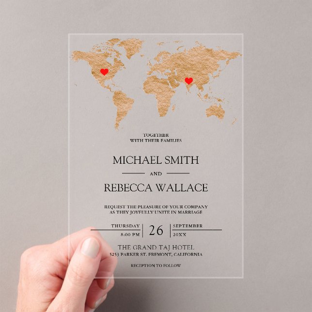 Bronze Marble World Map Traveling Hearts Wedding Acrylic Invitations (Insitu (Handheld))
