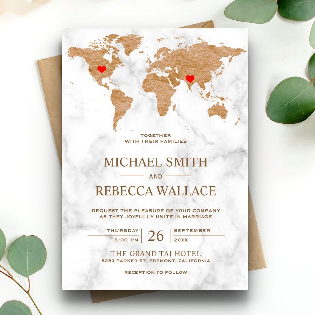 Bronze Marble World Map Travelling Hearts Wedding Invitation (Creator Uploaded)