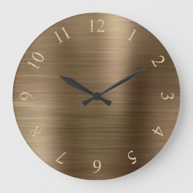 Bronze Metallic Minimal Glitter Gold US UK Numbers Large Clock (Front)