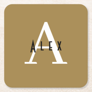 Bronze Mist Brown Modern Custom Monogram Square Paper Coaster