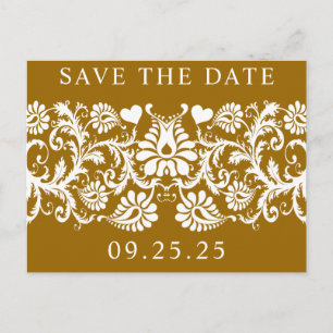 Bronze Mist Rich Caramel and White Damask Announcement Postcard