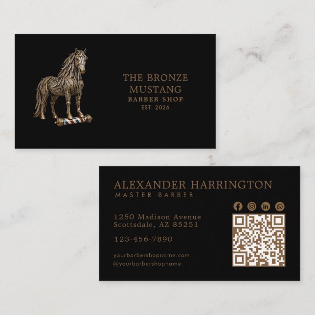 Bronze Mustang Professional Barber Shop Qr Code Business Card (Front/Back)