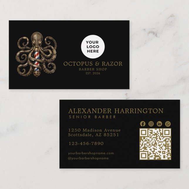 Bronze Octopus Professional Barber Shop Qr Code Business Card (Front/Back)