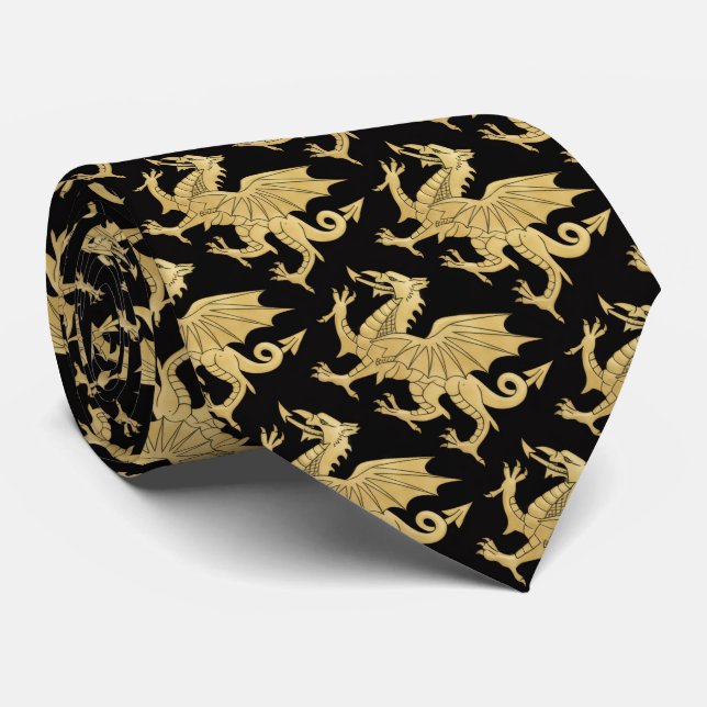 Bronze on Black Y Ddraig Goch Tie (Rolled)