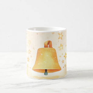 bronze or copper bell with sparkling stars around coffee mug