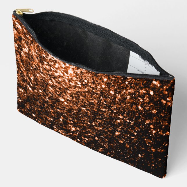 Bronze orange brown copper faux glitter sparkles accessory pouch (Open)