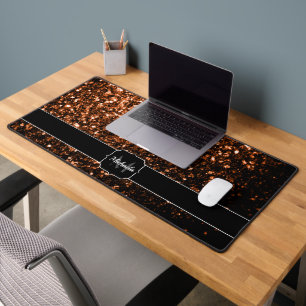 Bronze orange brown faux glitter sparkles Monogram Desk Mat