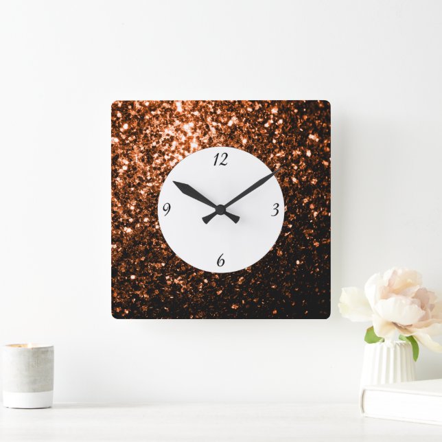 Bronze Orange Brown glitters sparkles with numbers Square Wall Clock (Home)