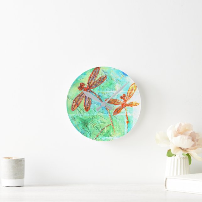 Bronze Orange Dragonfly Splash Round Clock (Home)