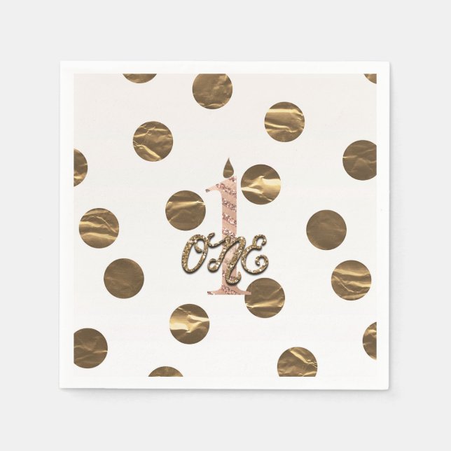 Bronze Polka Dots Rose Gold ONE 1 1st Birthday Napkin (Front)