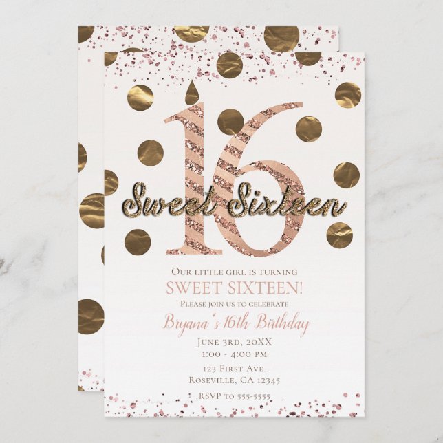 Bronze Polka Dots Rose Gold Sweet 16 Birthday Invitation (Front/Back)