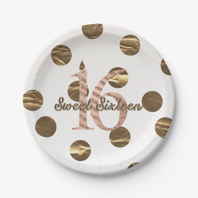 Bronze Polka Dots Rose Gold Sweet 16 Birthday Paper Plate (Front)
