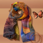 Bronze Spirals with Blue Abstract Scarf<br><div class="desc">The art on this dramatic scarf has rich shades of bronze,  yellow,  and blue that work with an autumn wardrobe. A spiral is combined with a lacy effect for visual interest.</div>