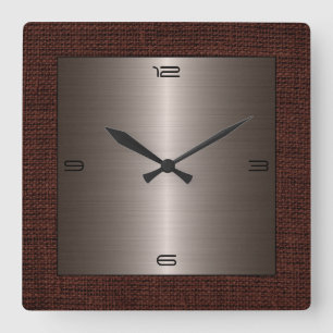 Bronze Stainless Steel Modern Burlap Border Square Wall Clock