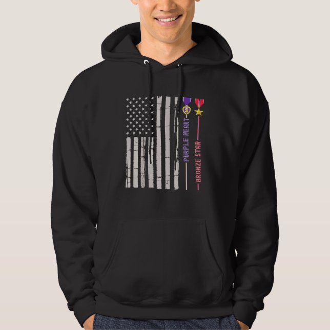 Bronze Star Purple Heart Medal Award Us Flag Veter Hoodie (Front)