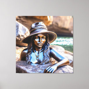 Bronze statue of a black woman with a hat in stone canvas print