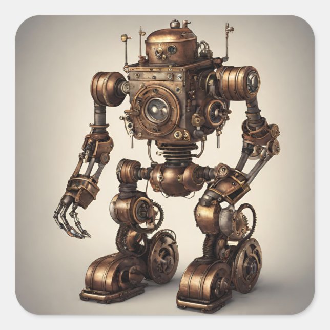 Bronze Steampunk Robot Sculpture Square Sticker (Front)