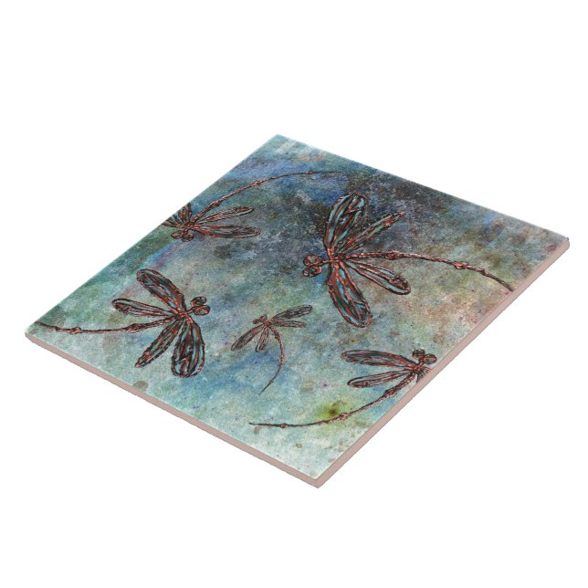 Bronze Tipped Dragonflies on a Magical Starry Sky Ceramic Tile (Side)