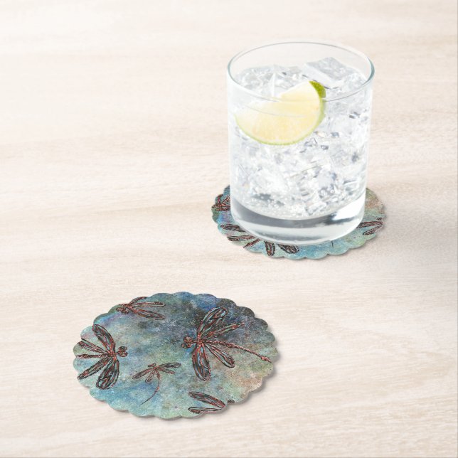 Bronze Tipped Dragonflies on a Starry Sky Paper Coaster (Insitu)