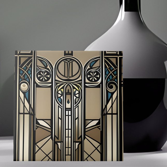 Bronze Tone and Blue Art Deco Geometric Ceramic Tile (Creator Uploaded)