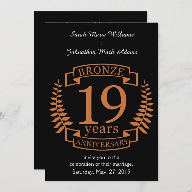 Bronze traditional wedding anniversary 19 years invitation (Front/Back)