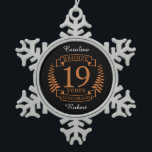 Bronze traditional wedding anniversary 19 years snowflake pewter christmas ornament<br><div class="desc">A design to celebrate 19 years of marriage. This design has a bronze coloured laurel design on a black background. Bronze is the traditional gift for this occasion. The text reads bronze 19 years anniversary. A romantic design to celebrate your 19th year of marriage. If you would like any help...</div>
