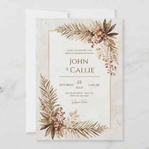 Bronzed Palm Leaf Sepia Gold Frame Wedding Invitation