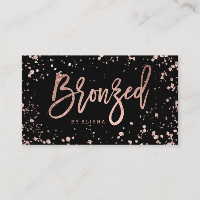 Bronzed script rose gold confetti splatters business card (Front)