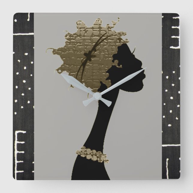 Bronzed Timekeeper: Afrocentric Silhouette Square Wall Clock (Front)