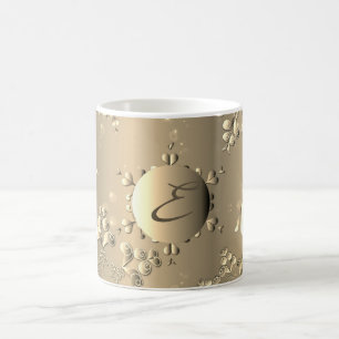 Bronzy Monogram Holiday Snowflakes and Reindeer Coffee Mug