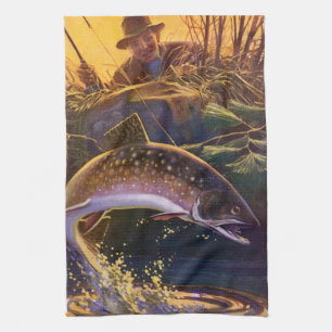 Brook Trout Fish Fisherman, Vintage Sports Fishing Tea Towel