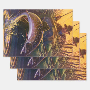 Brook Trout Fish Fisherman, Vintage Sports Fishing Wrapping Paper Sheet